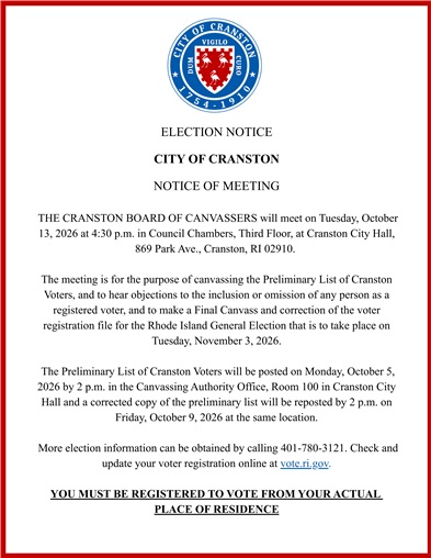 City of Cranston - Board of Canvassers Notice of Meeting